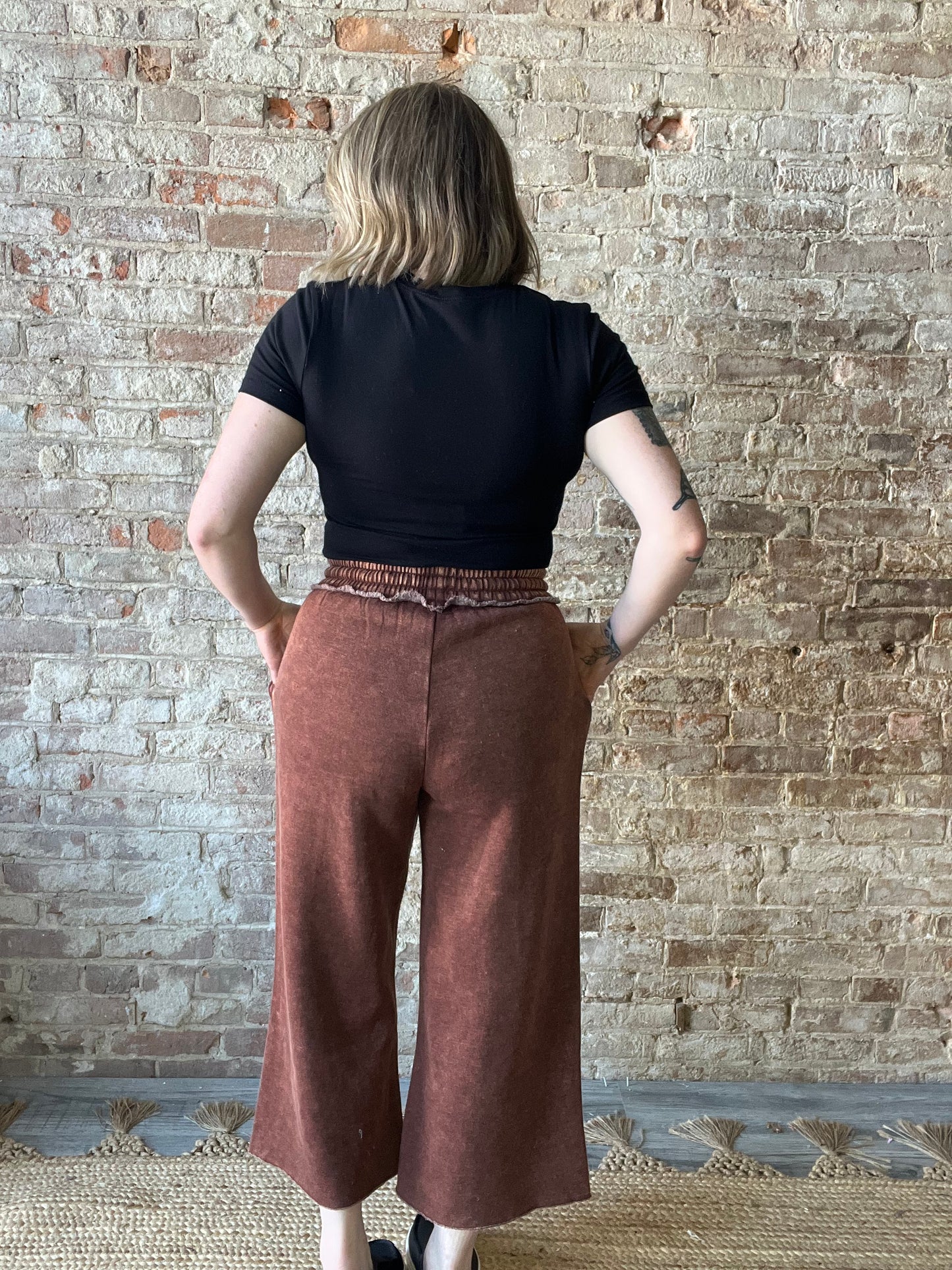 Acid Wash Fleece Palazzo Sweatpants With Pockets ~ Brown