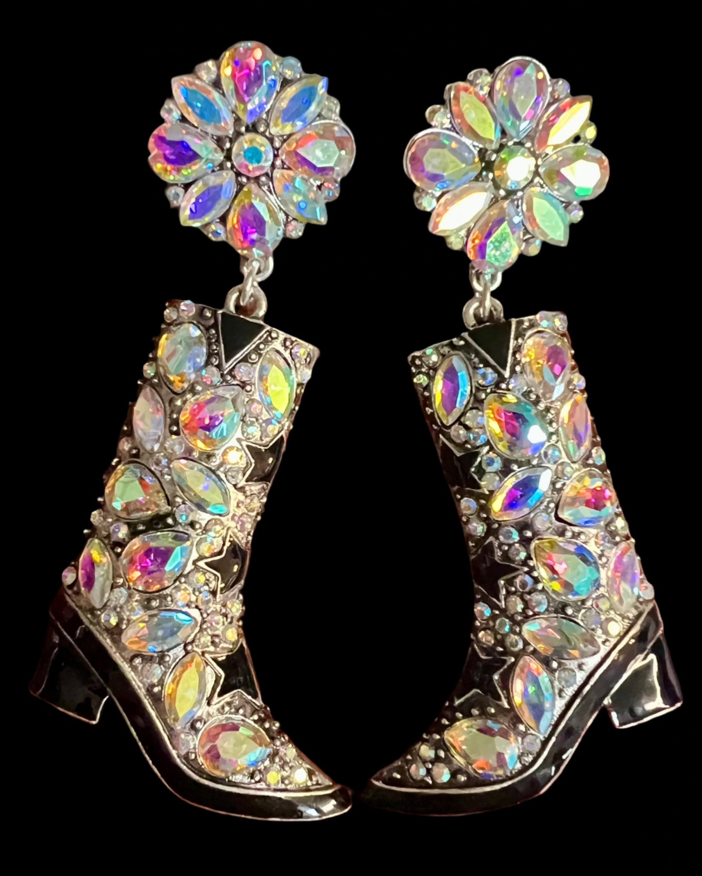 Western Cowgirl Boot Sparkly Earrings ~ Silver