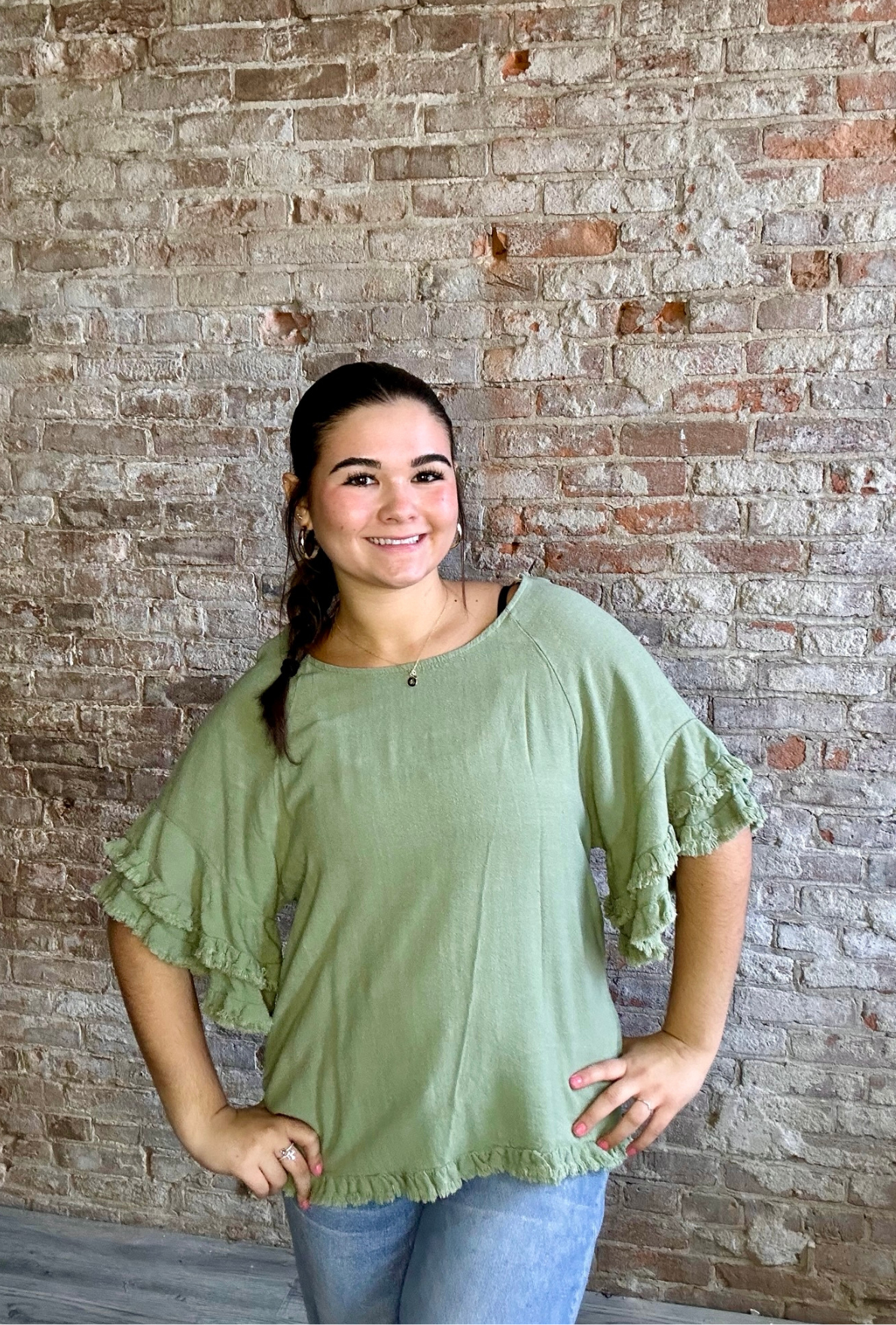 Linen Layered Ruffled Sleeve Shirt ~ Sage