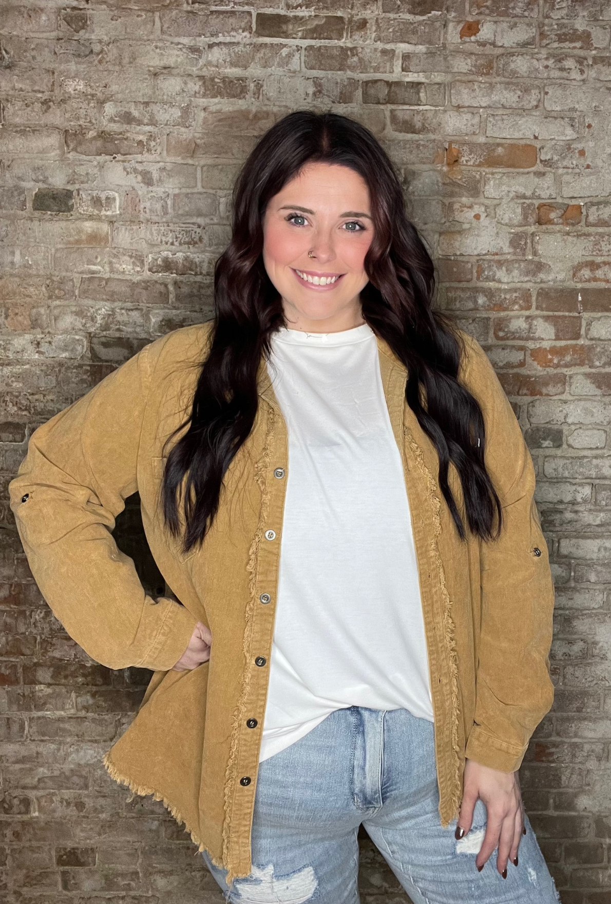 Curvy Vintage Washed Corduroy Shacket ~ Tan/Olive