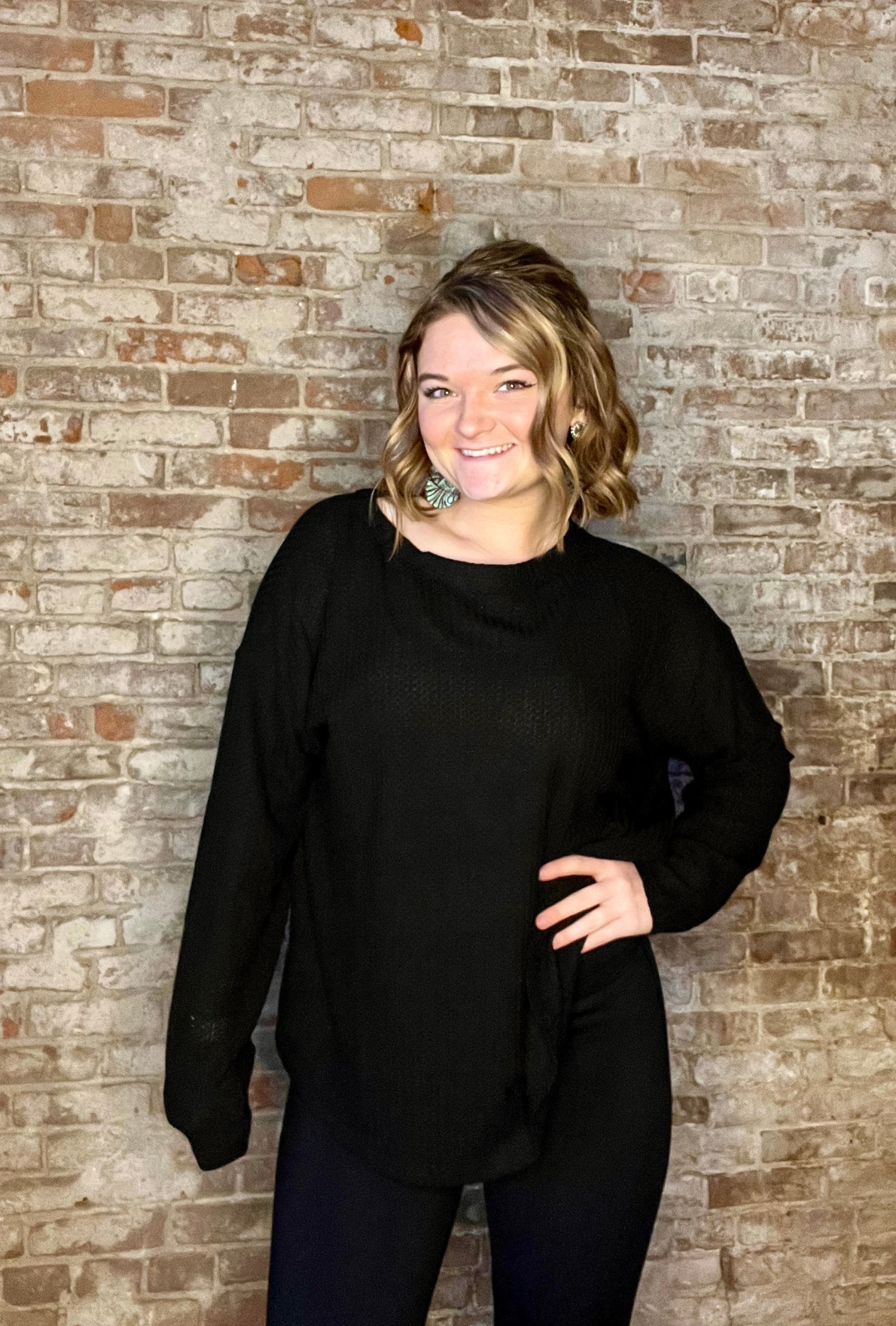 Waffle Knit Long Sleeve ~ Black