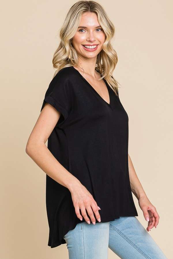 V Neck Short Sleeve Top ~ Black