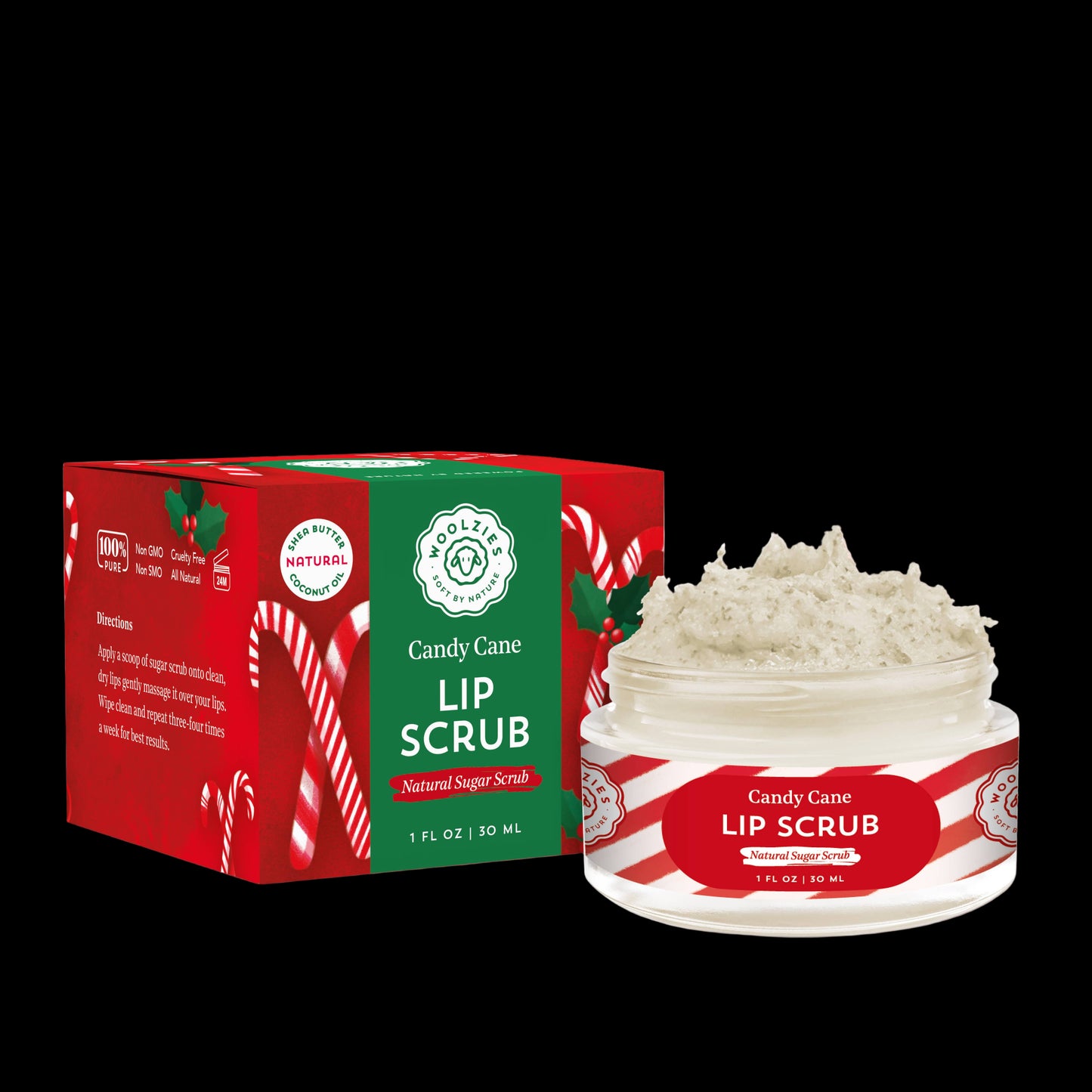 Woolzies - Candy Cane Sugar Lip Scrub | Shea & Cocoa Butter | 1 oz