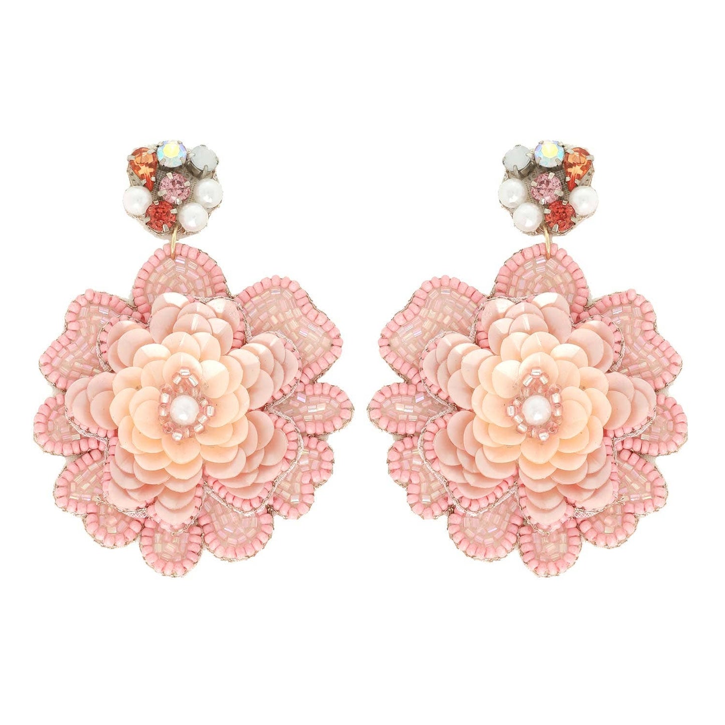 Jeweled Floral Bead Mix Drop Earrings: Pink