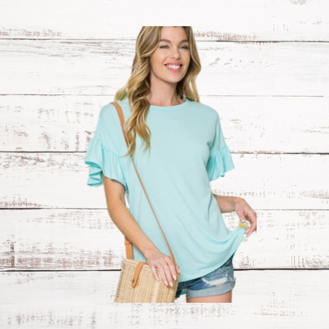 Curvy Solid Short Sleeve Flutter Top ~ Aqua