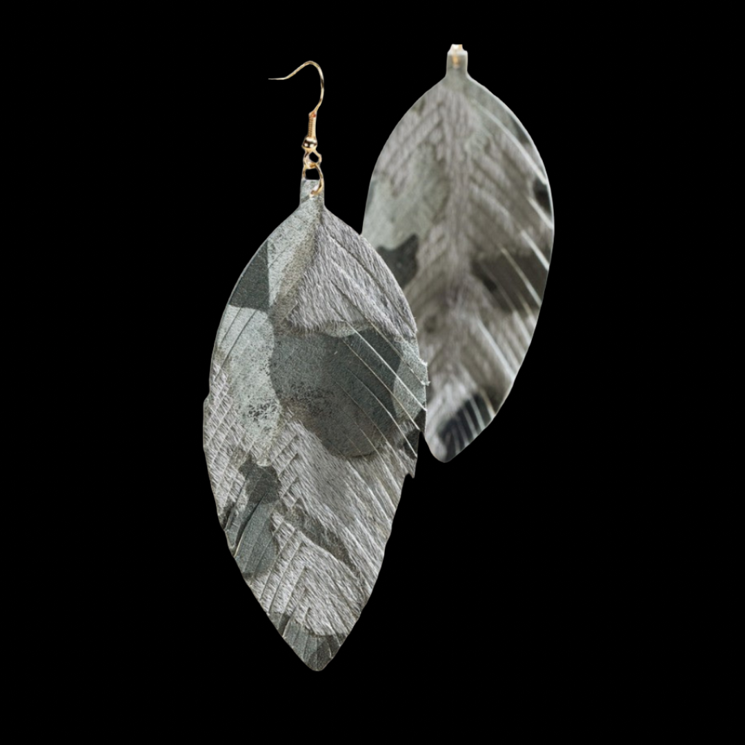 Leather Dangle Print Earrings ~ Gray Camo