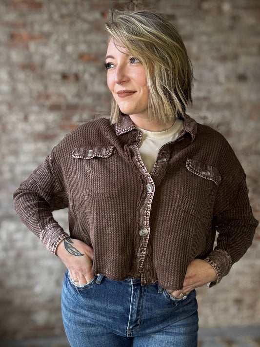 Acid Wash Waffle Oversized Cropped Shacket - Brown