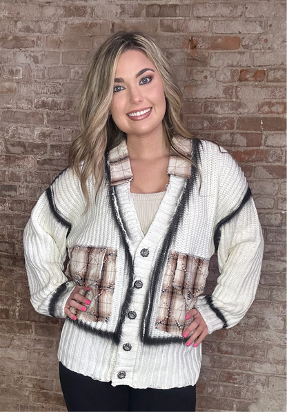 Long Distressed Cardigan with Rust Color Trim