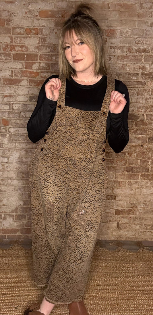 Leopard Print Washed Denim Overalls ~ Mocha Brown
