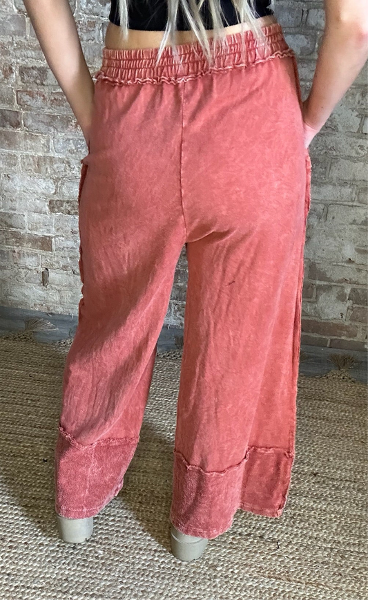 Mineral Washed Wide Legged Raw Hem Pants ~ Burnt Orange
