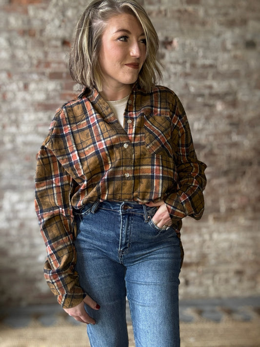 Cozy Fall Plaid Washed Flannel Shirt - Camel