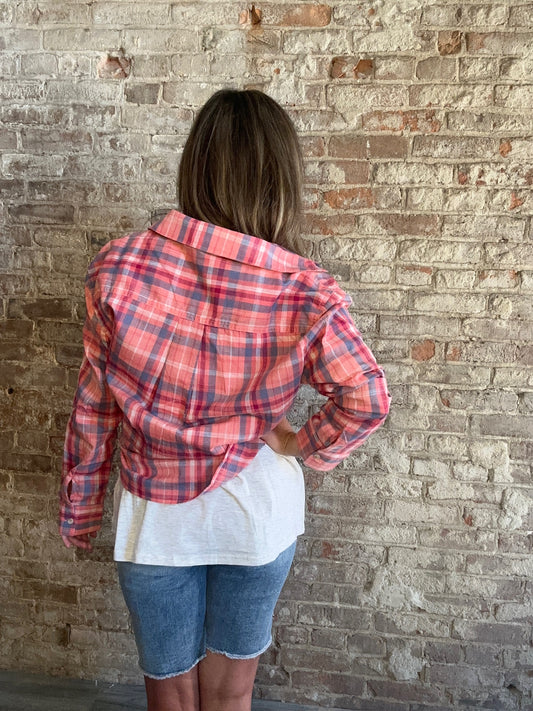 Button Down Plaid Shirt ~  Pink Multi