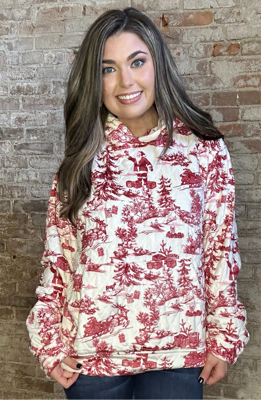 Vintage Christmas Print Quilted Sweatshirt ~ Red