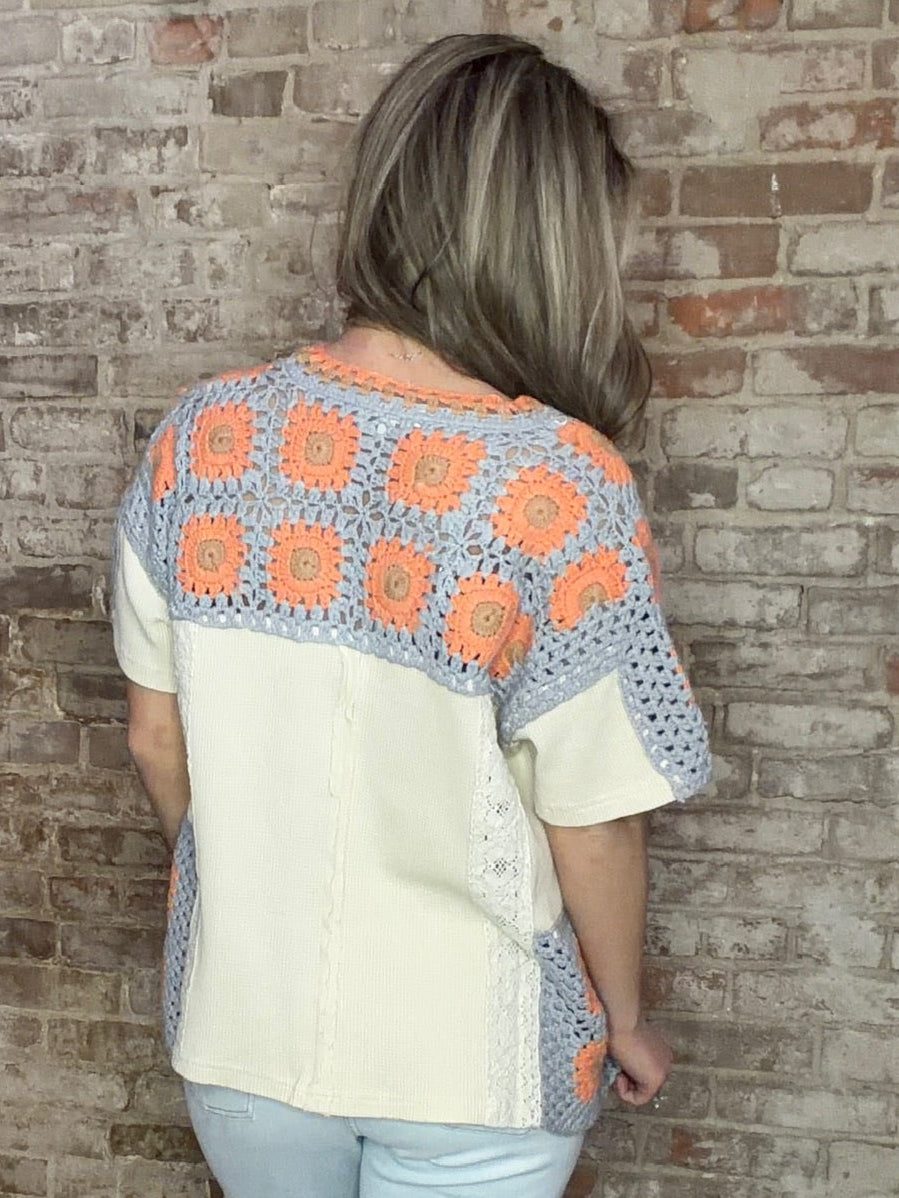 Crocheted V Neck Waffled Top