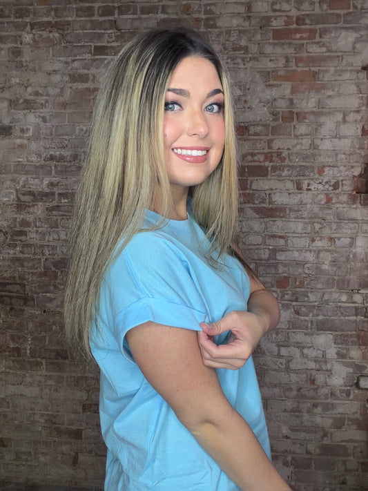 Round Neck Folded Short Sleeve T-shirt ~ Light Blue