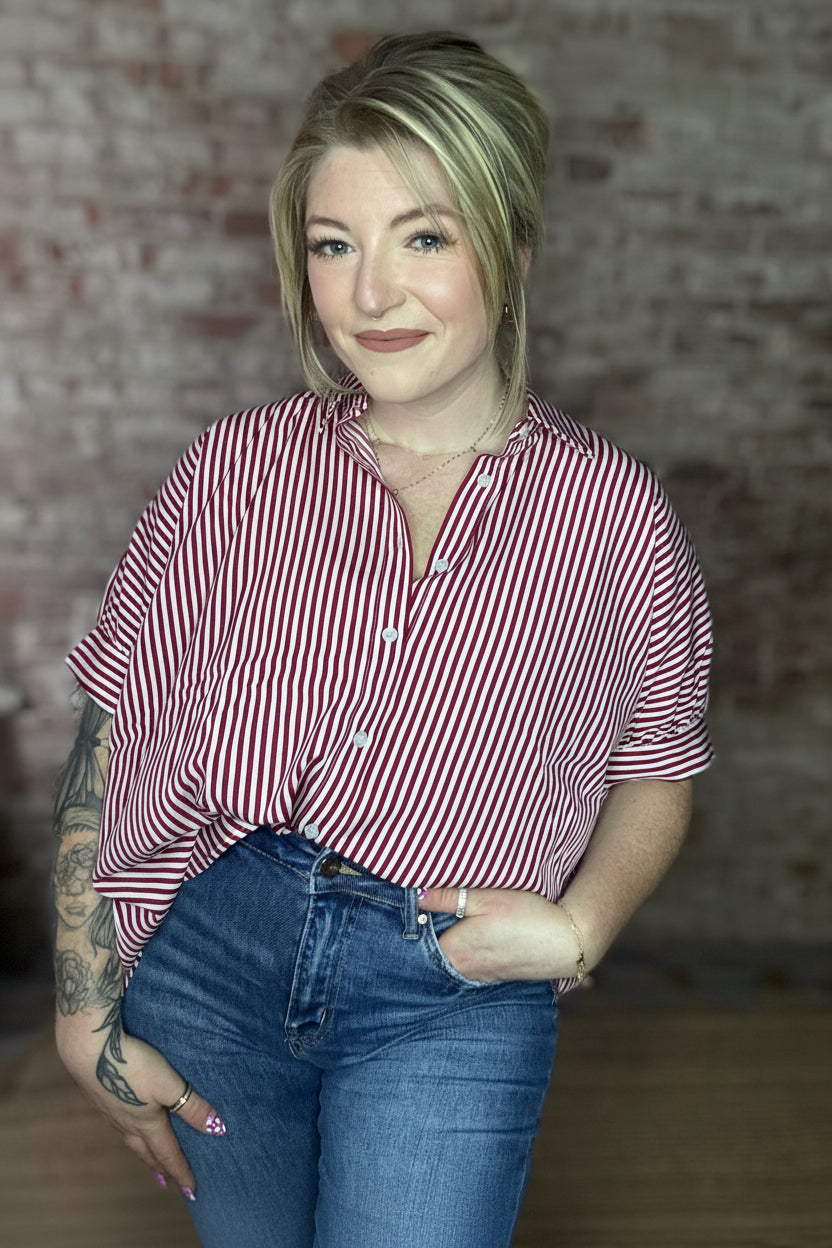 Oversized Short Sleeve Button Down Shirt ~ Red