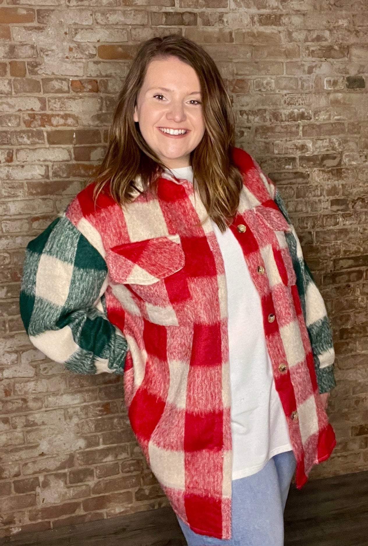 Curvy Cozy Red and Green Shacket