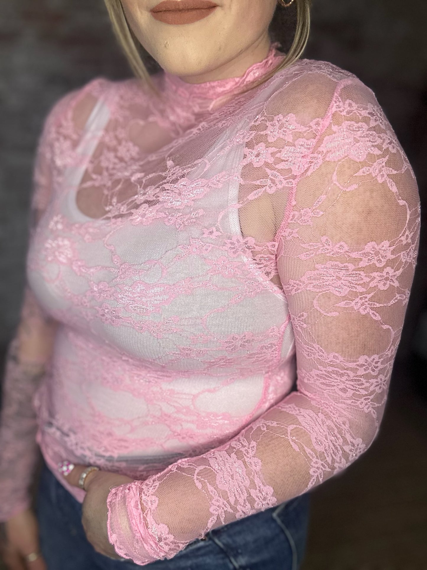 Long Sleeved Sheer Lace Mesh Layering Top ~ Pink
