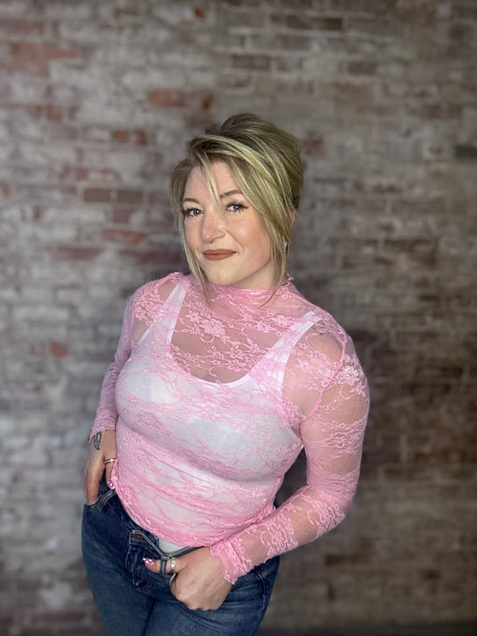 Long Sleeved Sheer Lace Mesh Layering Top ~ Pink