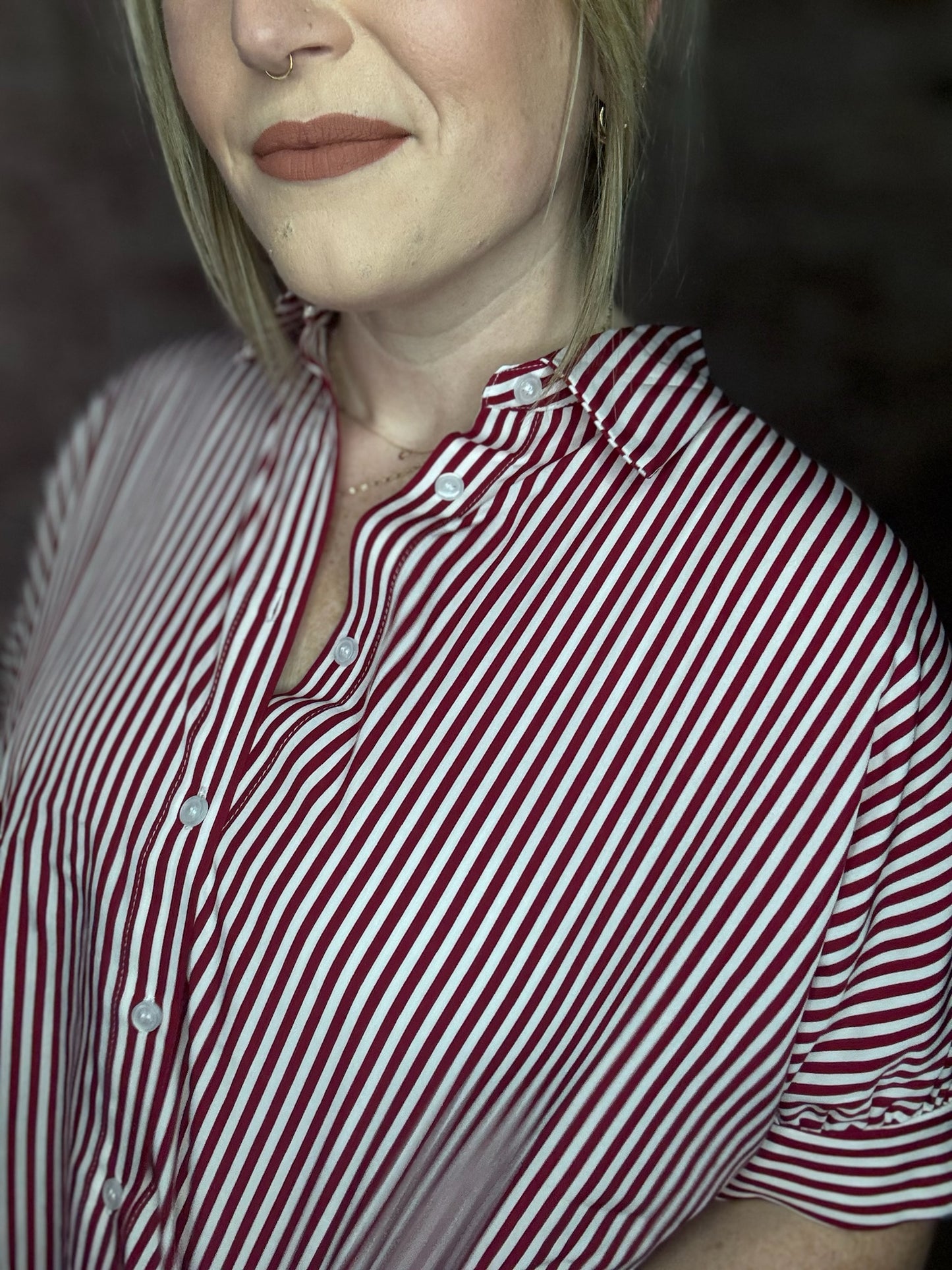 Oversized Short Sleeve Button Down Shirt ~ Red