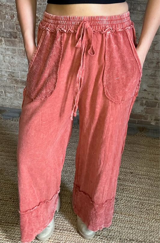 Mineral Washed Wide Legged Raw Hem Pants ~ Burnt Orange