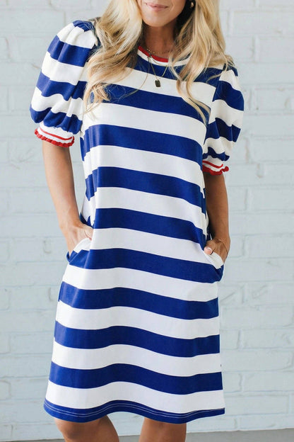 Blue Stripe Puff Sleeve Dress