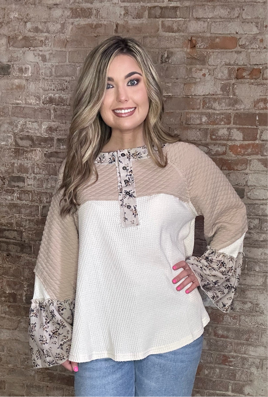 Thermal Bell Sleeved Top with Blue Floral Print