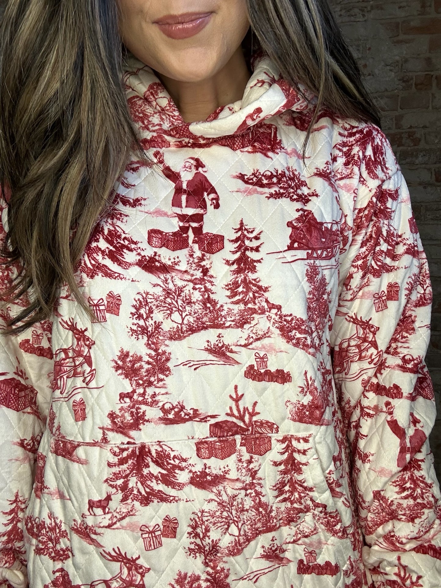 Vintage Christmas Print Quilted Sweatshirt ~ Red