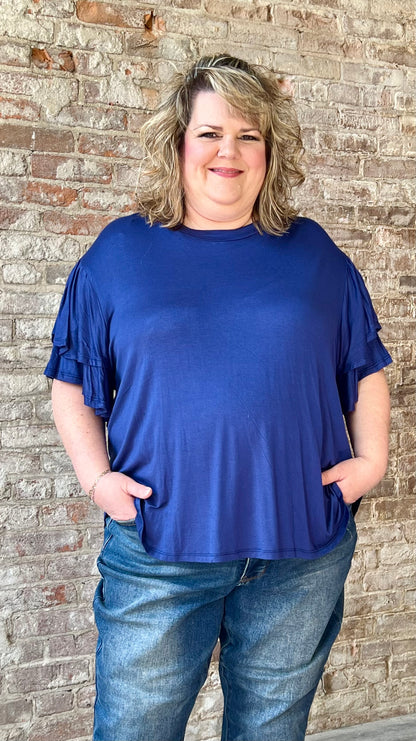 Curvy Crew Flared  Ruffled Sleeved Top ~ Ink Blue