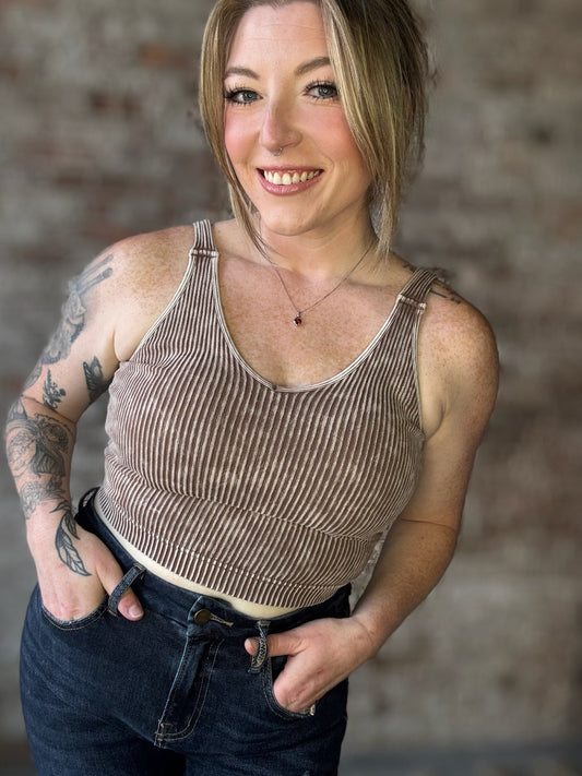 Mineral Washed Ribbed Cropped V Neck Tank with Removable Bra ~ Mocha