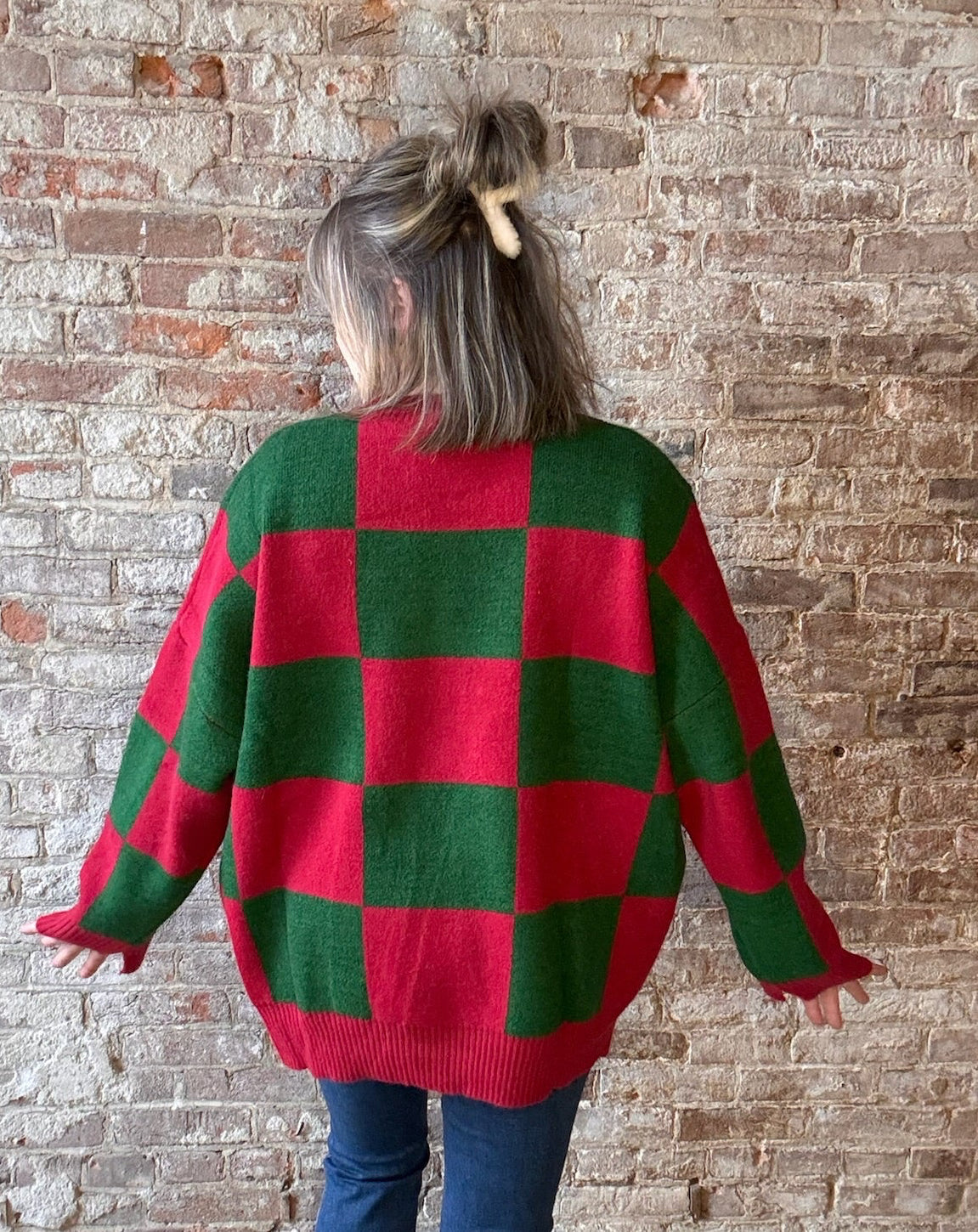 FALALA Checkered Christmas Sweater ~ Red and Green