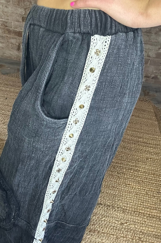 Black Jogger Pants with Gauze and Stud Details