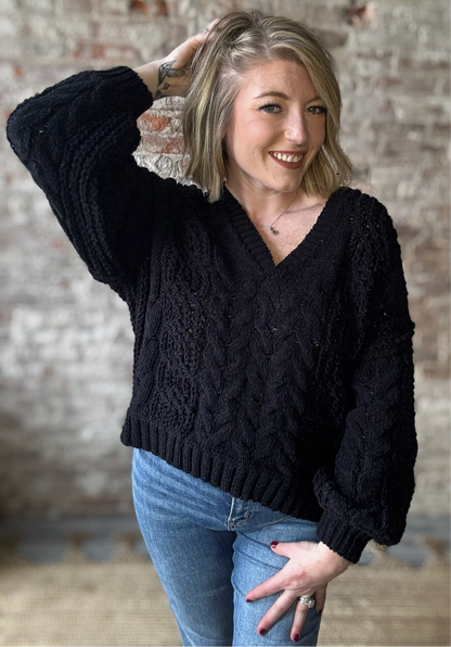 V-Neck Balloon Sleeved Sweater ~ Black