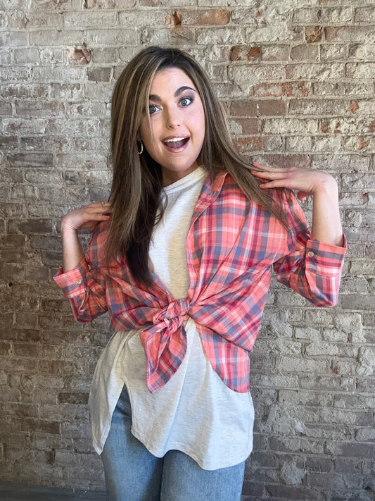 Button Down Plaid Shirt ~  Pink Multi