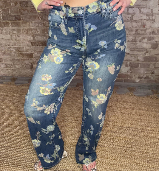 High Rise Wide Leg Floral Denim