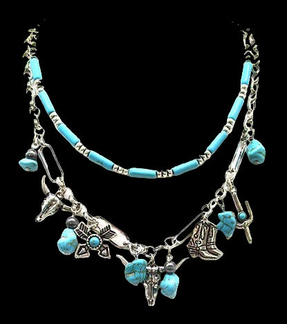 Layered Turquoise Charm Necklace ~Silver