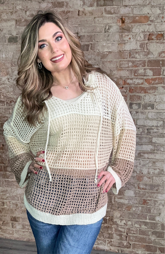 Contrasting Color Match Oversized Knit with Hood