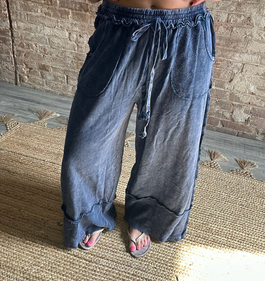Mineral Washed Wide Legged Raw Hem Pants ~ Navy