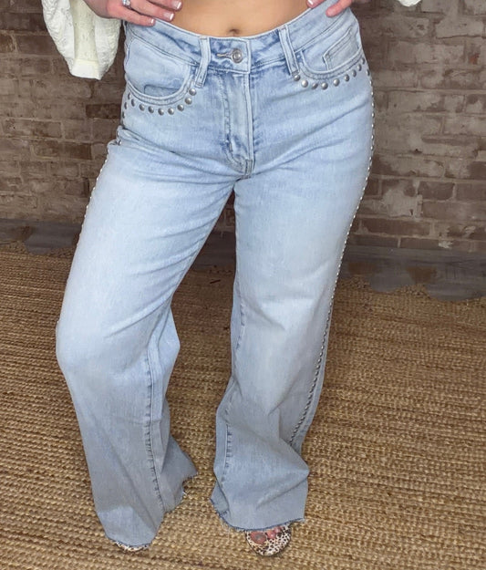 High Rise Wide Leg Studded Raw Hem Jeans