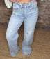 High Rise Wide Leg Studded Raw Hem Jeans