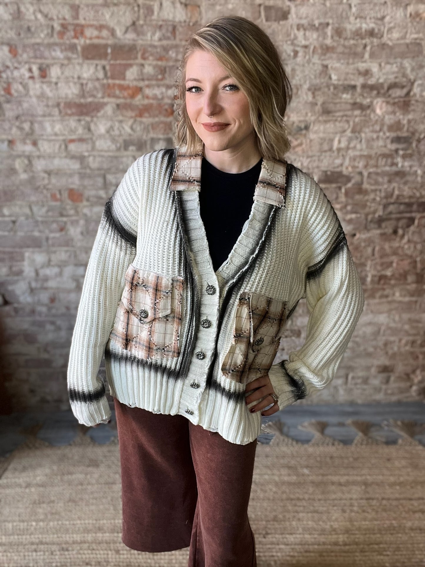 Long Distressed Cardigan with Rust Color Trim