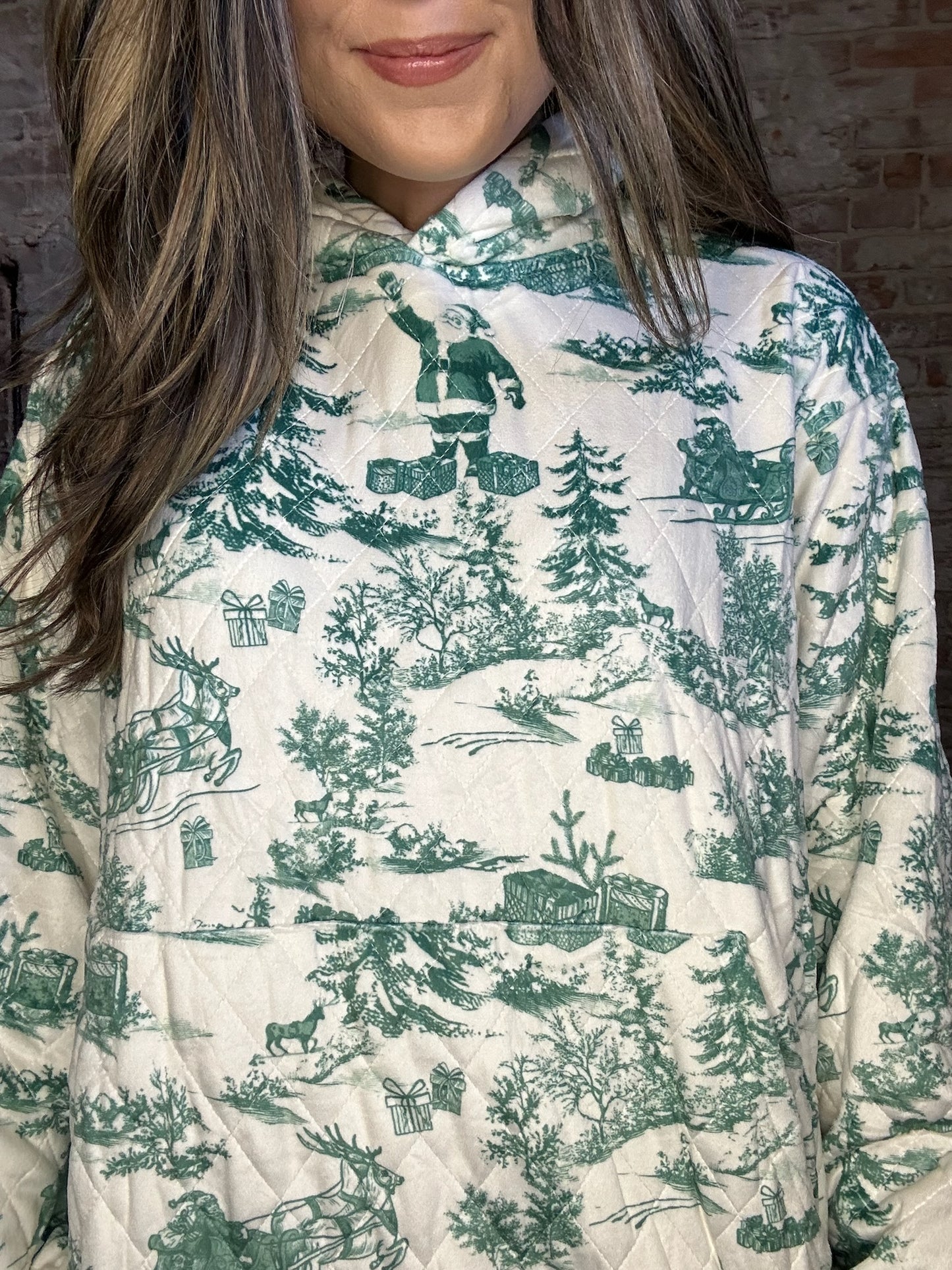 Vintage Christmas Print Quilted Sweatshirt ~ Green