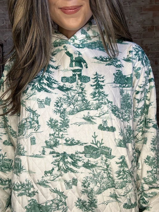Vintage Christmas Print Quilted Sweatshirt ~ Green