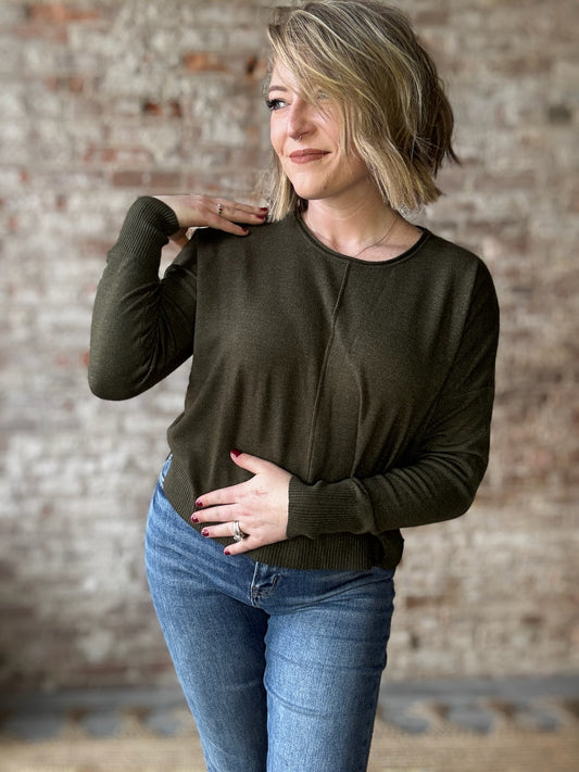 Comfy Front Seam Round Neck Sweater ~ Dark Olive