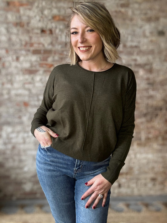 Comfy Front Seam Round Neck Sweater ~ Dark Olive