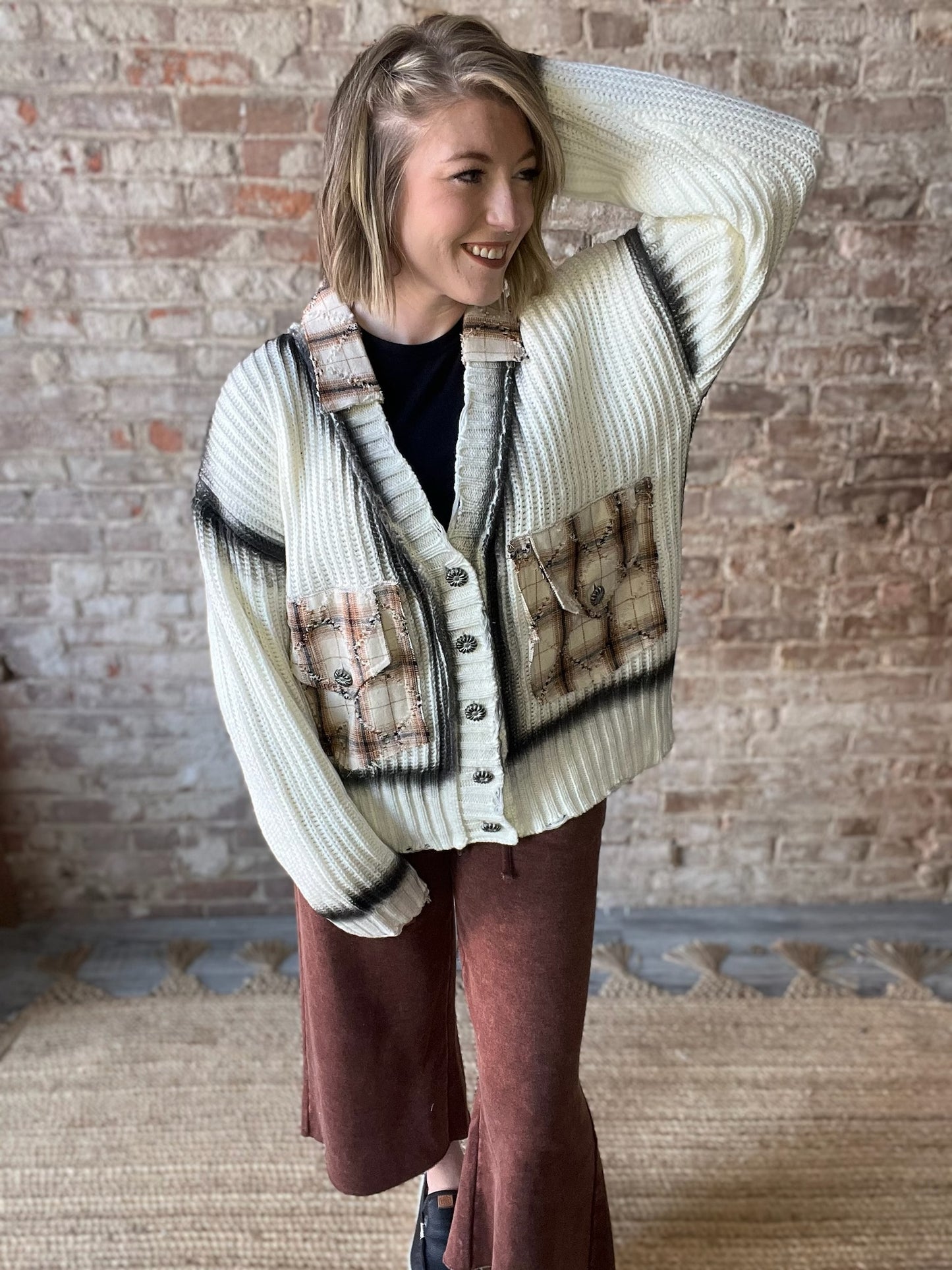 Long Distressed Cardigan with Rust Color Trim