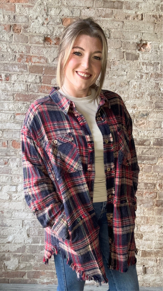 Mineral Washed Plaid Flannel Shirt ~ Navy