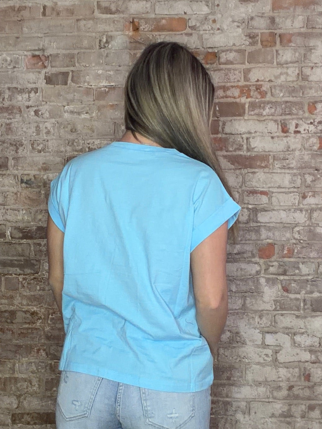 Round Neck Folded Short Sleeve T-shirt ~ Light Blue