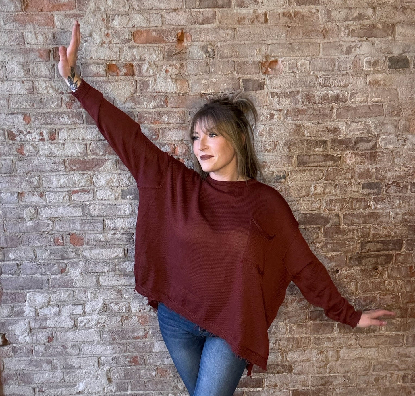 Mahogany Knit Distressed Sweater