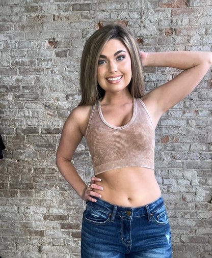 Washed Racerback Cropped Tank ~ Deep Camel